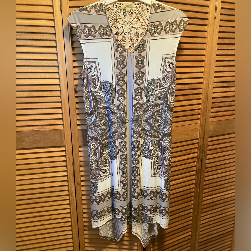 One World Grey, Brown and Black Detailed Print Shark Bite Hem Sleeveless Dress